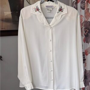 Embellished White Button‎ Down Long Sleeve Blouse